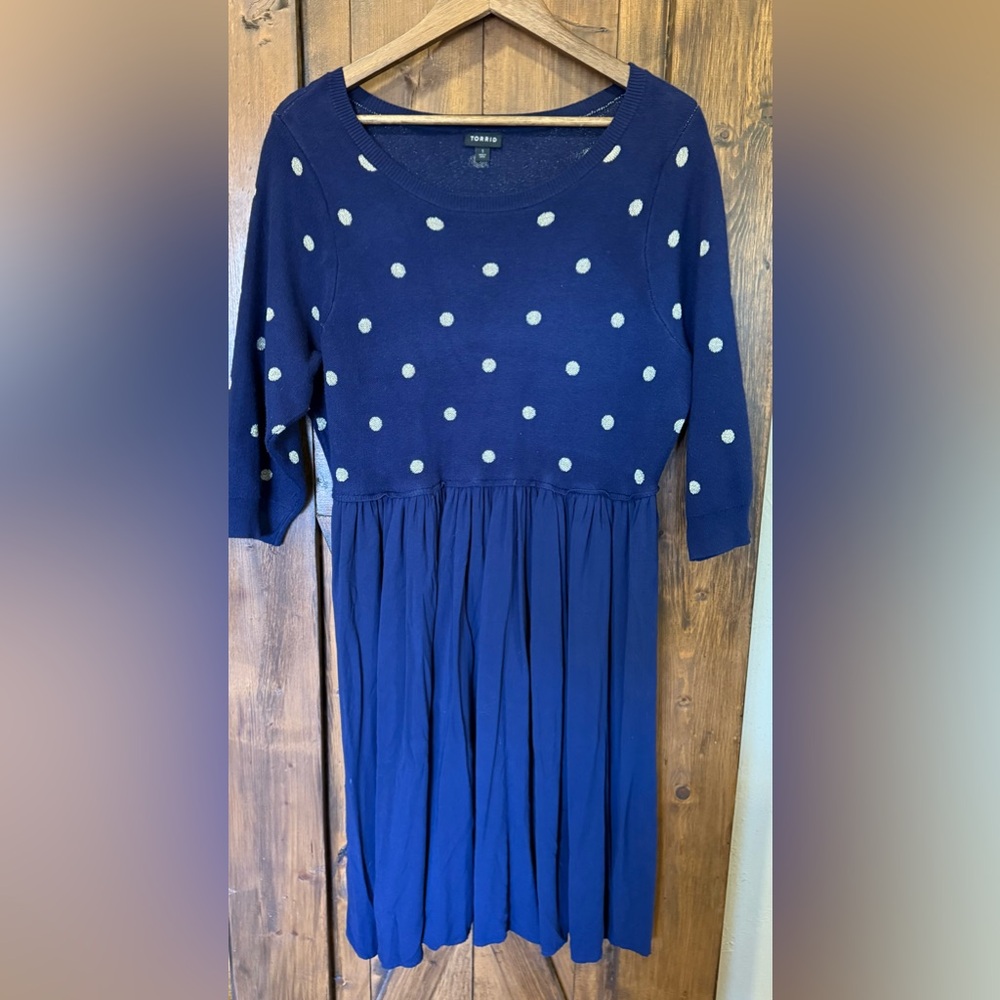 Torrid Navy Knit Sweater Skater Challis Dress With Gold Polka Dots